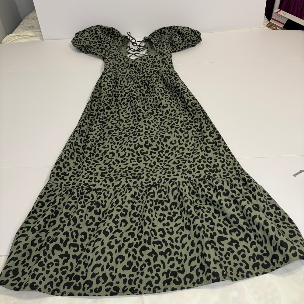 ASOS Green Leopard Print Puff Sleeve Midi Dress Size 4 NWT - Picture 4 of 9